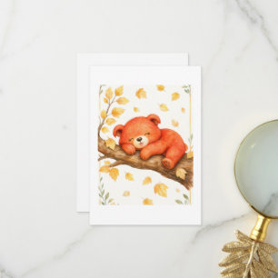 Cute watercolor baby bear sleeping on a treebranch thank you card