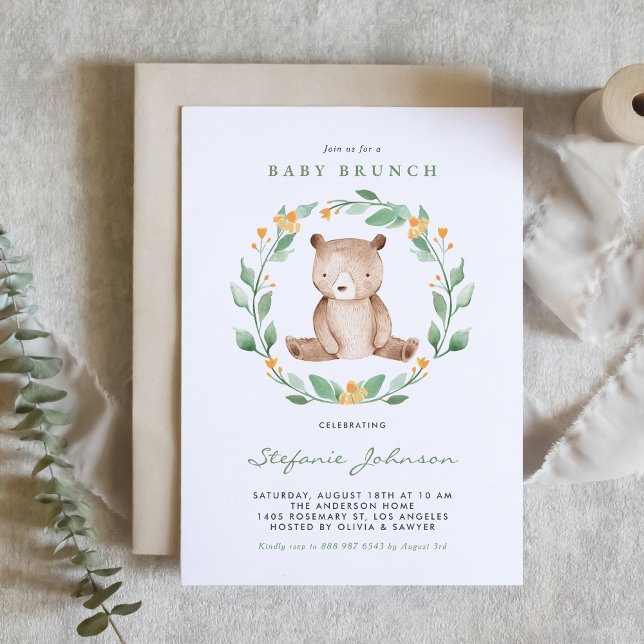 Cute Watercolor Baby Bear Woodland Baby Brunch Invitation (Creator Uploaded)
