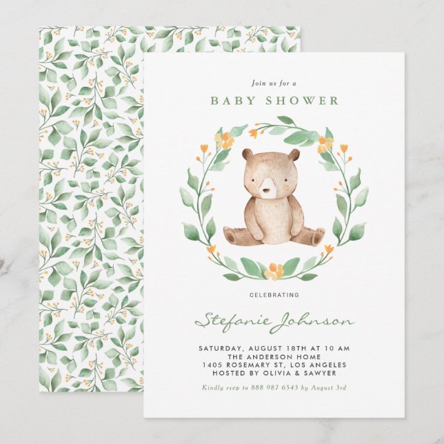 Cute Watercolor Baby Bear Woodland Baby Shower Invitation (Front/Back)