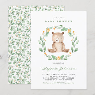 Cute Watercolor Baby Bear Woodland Baby Shower Invitation