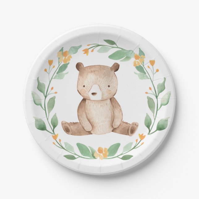 Cute Watercolor Baby Bear Woodland Baby Shower Paper Plate (Front)