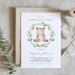 Cute Watercolor Baby Bear Woodland Kids Birthday Invitation
