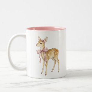 Cute Watercolor Baby Deer with Pink Bow Two-Tone C Coffee Mug