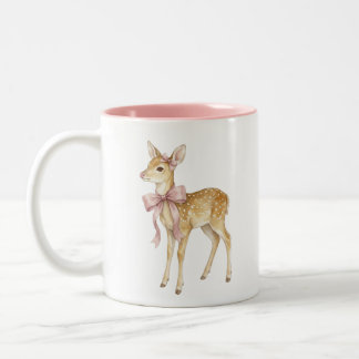Cute Watercolor Baby Deer with Pink Bow Two-Tone C Coffee Mug