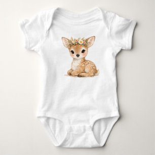 Cute Watercolor Baby Deer Woodland Flower Crown Bodysuit
