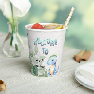 Cute Watercolor Baby Dinosaur 1st Birthday Paper Cups