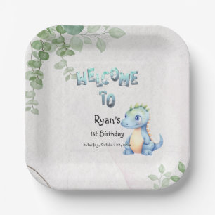 Cute Watercolor Baby Dinosaur 1st Birthday Paper Plate