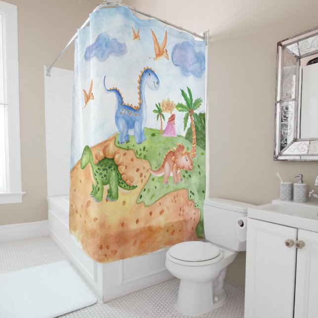 Cute Watercolor Baby Dinosaur Prehistoric Boys Shower Curtain (In Situ)