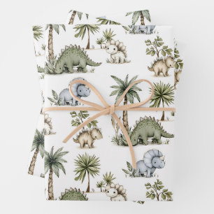 Cute Watercolor Baby Dinosaurs Wrapping Paper Sheet