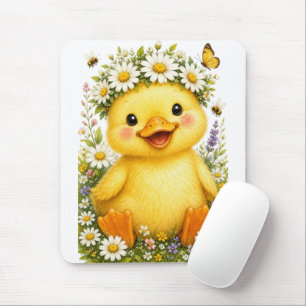 Cute Watercolor Baby Duck with Daisy Flower Crown Mouse Mat