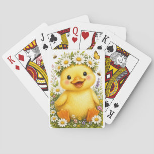 Cute Watercolor Baby Duck with Daisy Flower Crown Playing Cards