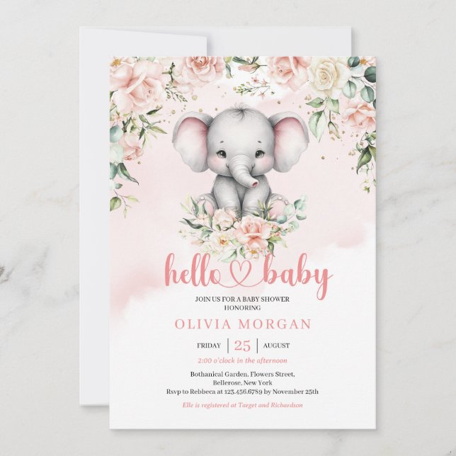 Cute watercolor baby elephant blush floral safari invitation (Front)