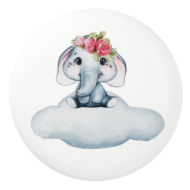 Cute Watercolor Baby Elephant  Ceramic Knob (Front)