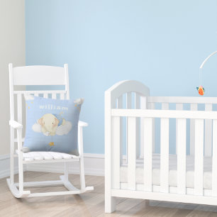 Cute Watercolor Baby Elephant Clouds Blue Nursery Cushion