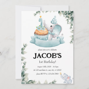 Cute Watercolor Baby Elephant first birthday boy  Invitation