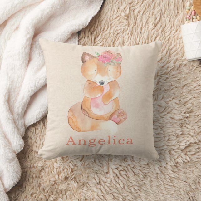Cute Watercolor Baby Fox With Flowers  Cushion (Blanket)