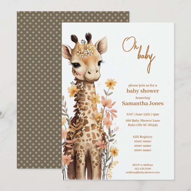 Cute Watercolor Baby Giraffe Baby Shower Invitation (Front/Back)