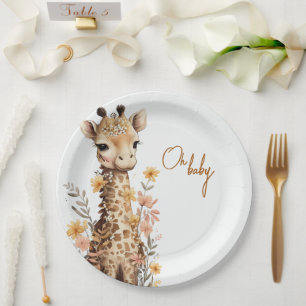 Cute Watercolor Baby Giraffe Baby Shower Paper Plate