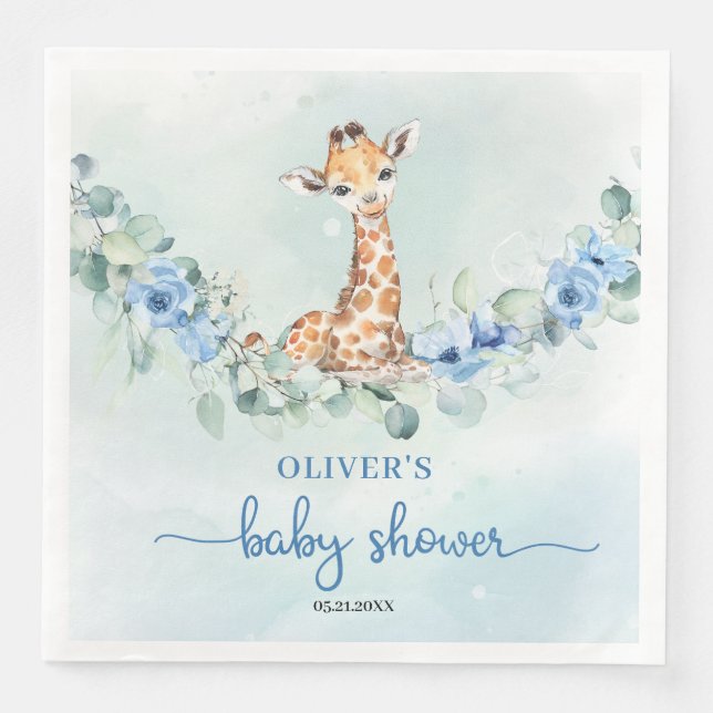 Cute watercolor baby giraffe on eucalyptus foliage napkin (Front)