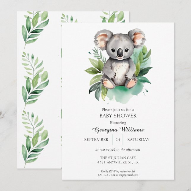 Cute Watercolor Baby Koala Baby Shower  Invitation (Front/Back)