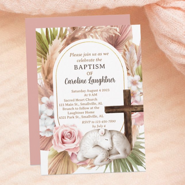 Cute Watercolor Baby Lamb Girl Baptism Invitation (Creator Uploaded)