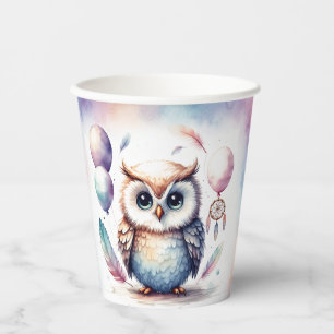 Cute Watercolor Baby Owl Balloons Birthday Paper Cups