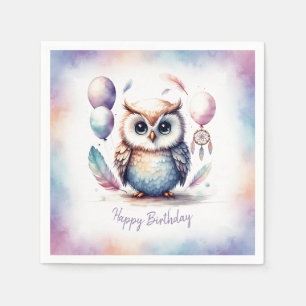 Cute Watercolor Baby Owl Balloons Birthday Paper Napkin