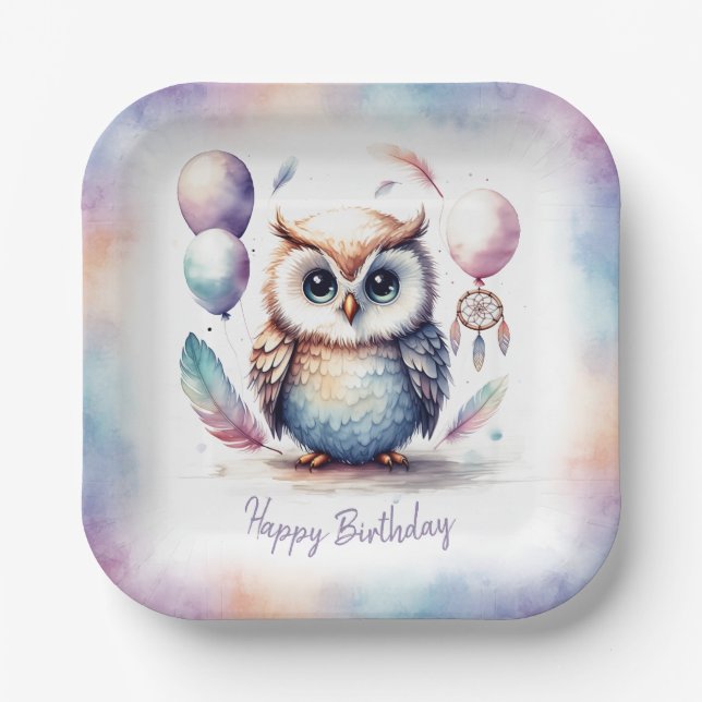 Cute Watercolor Baby Owl Balloons Birthday  Paper Paper Plate (Front)