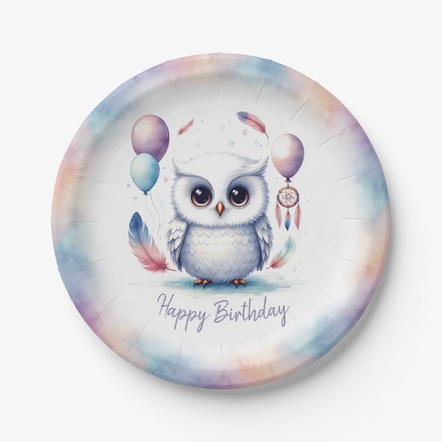 Cute Watercolor Baby Owl Balloons Birthday  Paper Plate (Front)