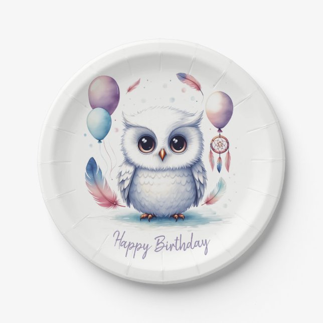 Cute Watercolor Baby Owl Balloons Birthday  Paper Plate (Front)