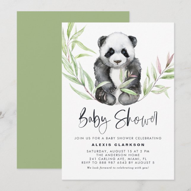 Cute Watercolor Baby Panda Greenery Baby Shower Invitation (Front/Back)