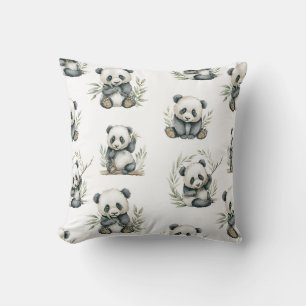 Cute Watercolor Baby Pandas Eating Bamboo Cushion