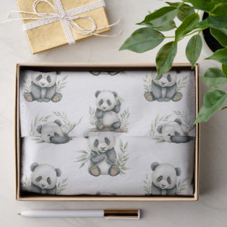 Cute Watercolor Baby Pandas Eating Bamboo Tissue Paper
