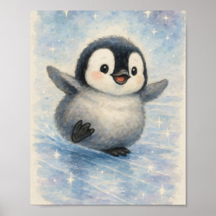 Cute Watercolor Baby Penguin and Sparkling Stars Poster
