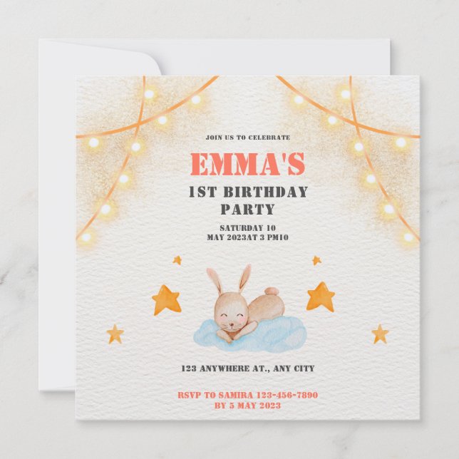 Cute Watercolor Baby rabbit 1st birthday party  Invitation (Front)