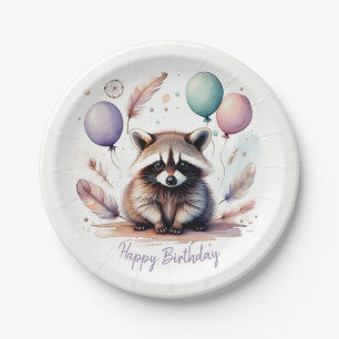 Cute Watercolor Baby Raccoon Balloons Birthday Paper Plate