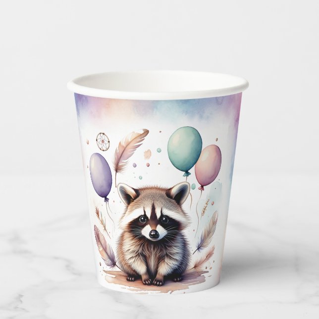 Cute Watercolor Baby Racoon Balloons Birthday  Paper Cups (Front)