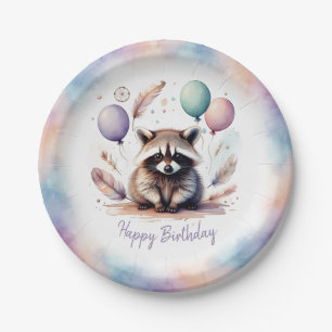 Cute Watercolor Baby Racoon Balloons Birthday Paper Plate
