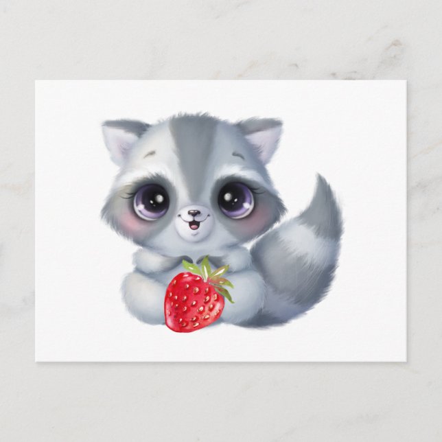 Cute Watercolor Baby Racoon with Strawberry Fruit Postcard (Front)