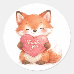 Cute Watercolor Baby Red Fox "Thank You" Heart Classic Round Sticker