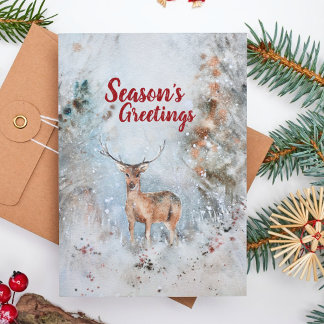 Cute Watercolor Baby Reindeer Snowy Winter Forest Holiday Card