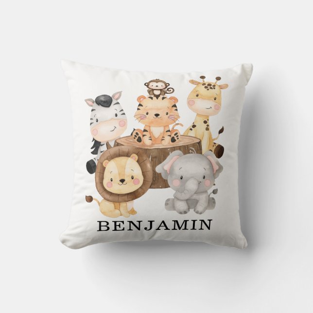 Cute Watercolor Baby Safari Animals Boy Nursery Cushion (Front)