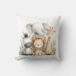 Cute Watercolor Baby Safari Animals Group Print Cushion