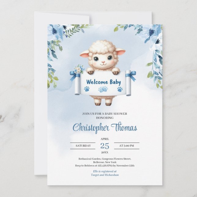 Cute watercolor baby sheep with Welcome baby sign Invitation (Front)