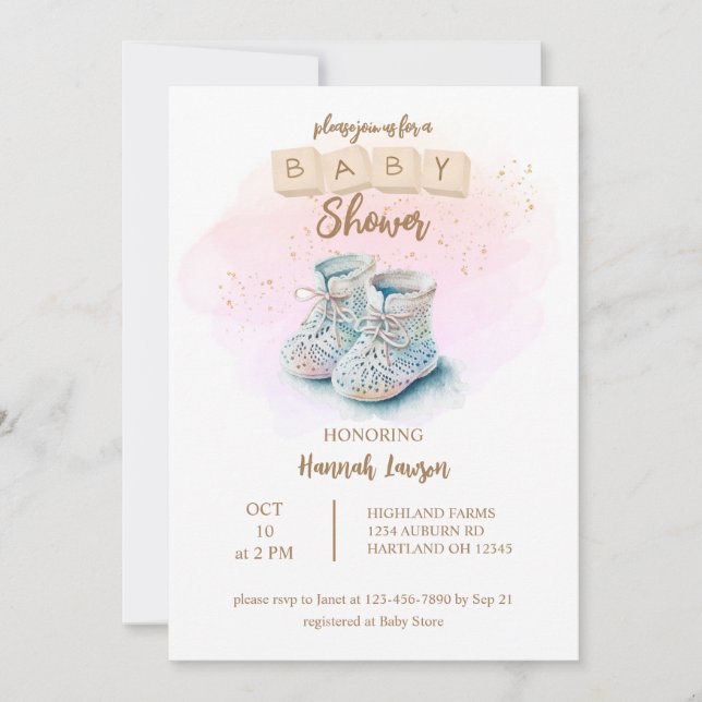 Cute Watercolor Baby Shoe Girl Baby Shower Invitation (Front)