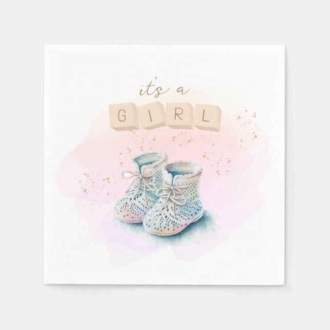 Cute Watercolor Baby Shoe Girl Gender Reveal Napkin (Front)