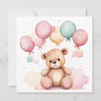 Cute Watercolor Baby Shower Balloons Teddy Bear Invitation