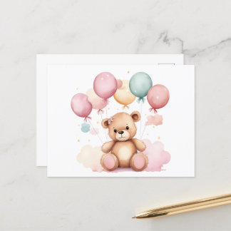 Cute Watercolor Baby Shower Balloons Teddy Bear Postcard