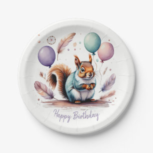 Cute Watercolor Baby Squirrel Balloons Birthday Paper Plate