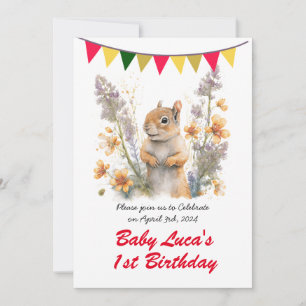 Cute Watercolor Baby Squirrel - Birthday Party Invitation